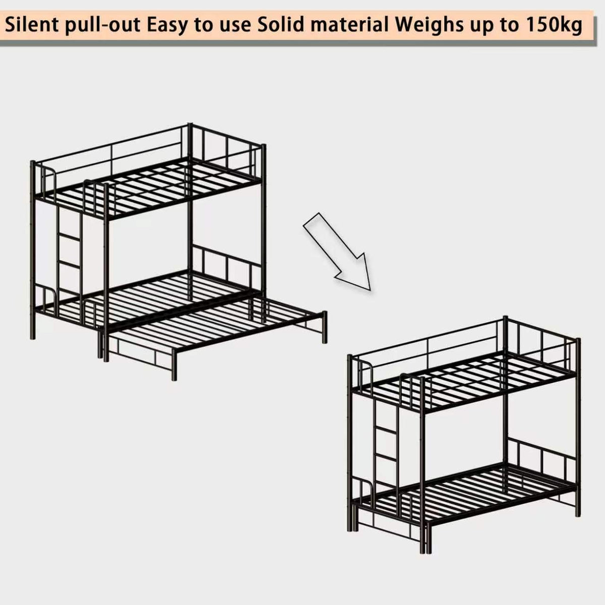 Twin Size Metal Pull-Out Bunk Bed with Ladder - Metal