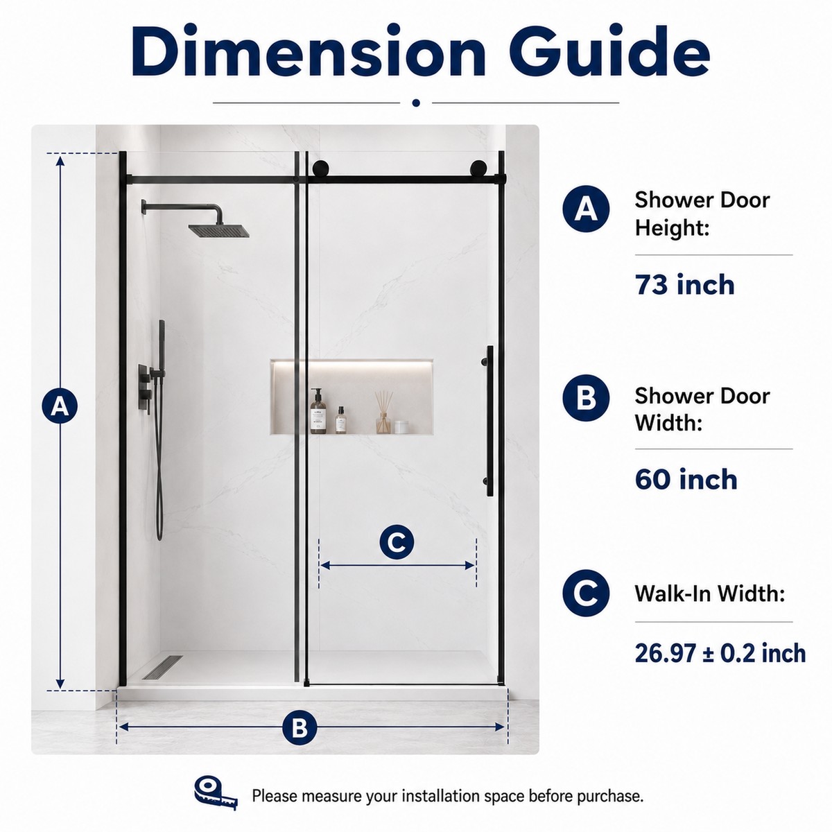 60" x 73" Frameless Sliding Shower Doors with Soft Close - Glass