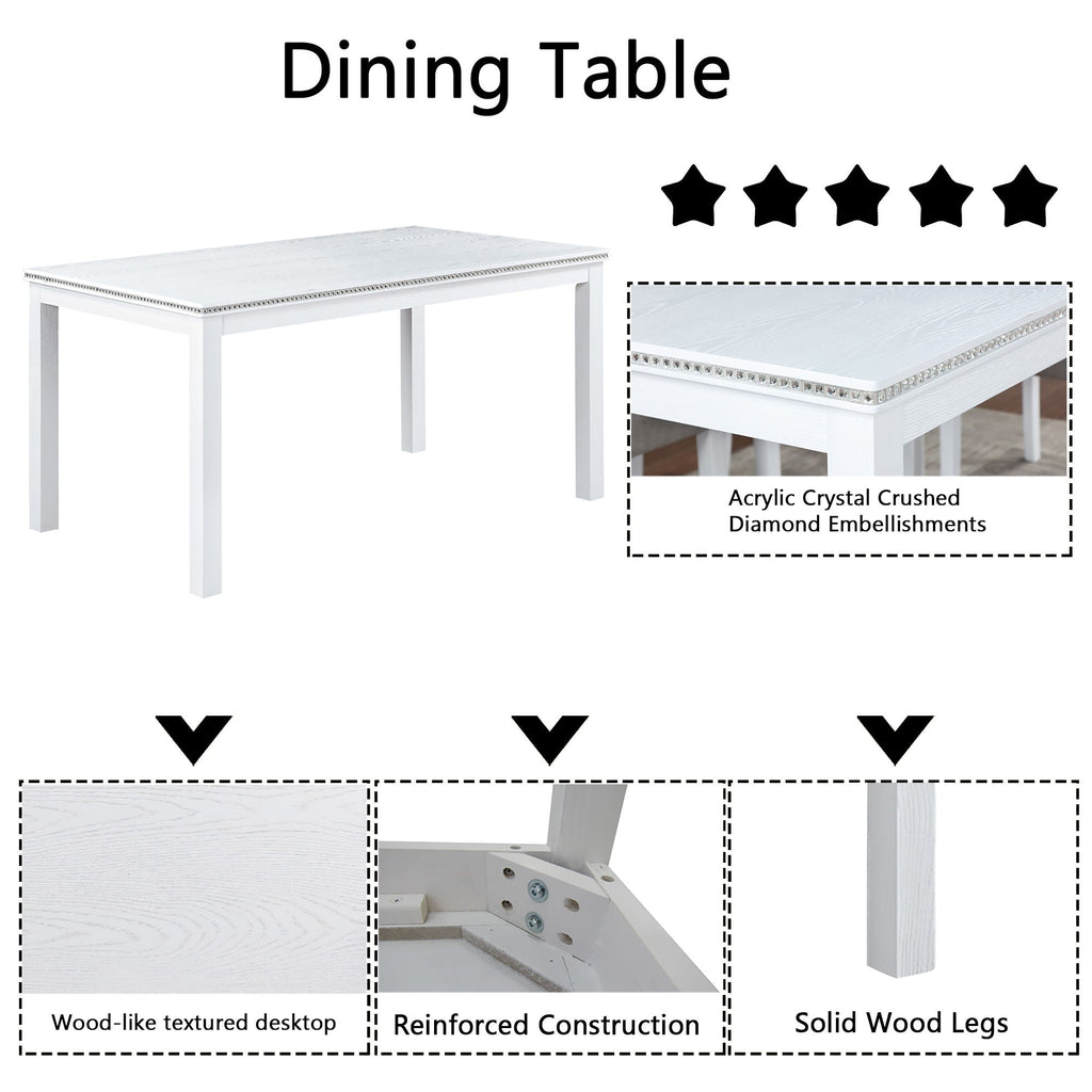 Dining Table Set with Crystal Decoration and Upholstered Chairs - Gray or White