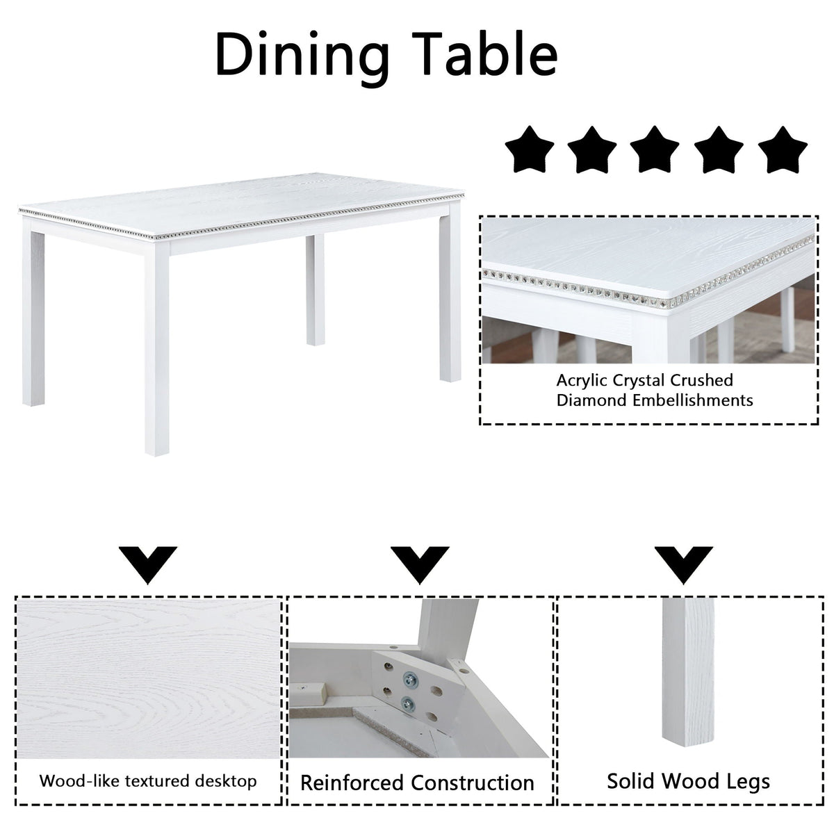 Dining Table Set with Crystal Decoration and Upholstered Chairs - Gray or White