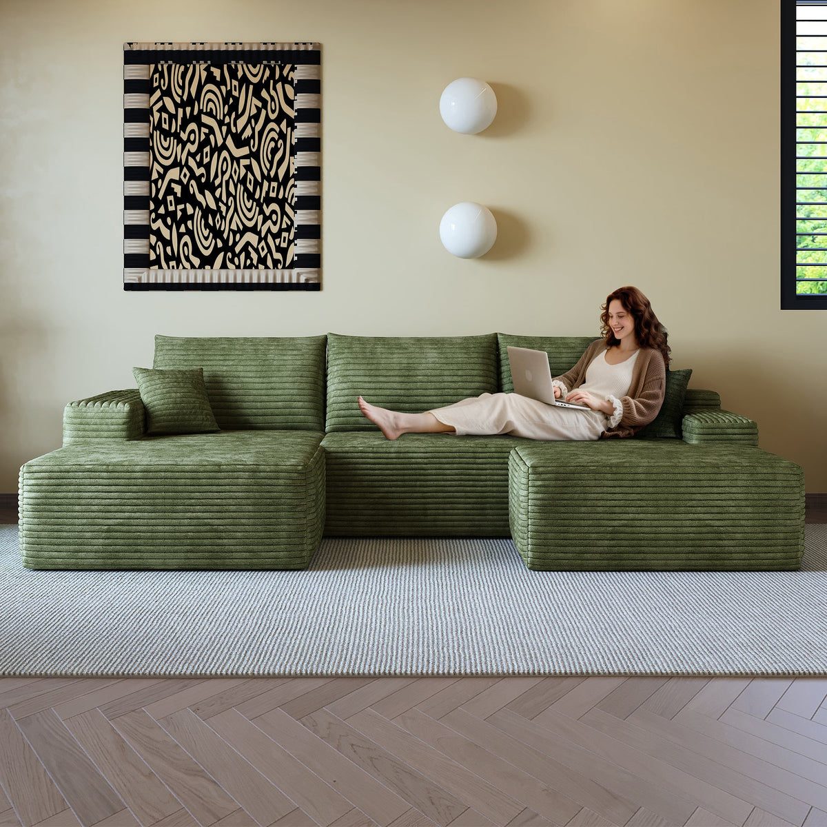 107" Cloud Sectional Sofa with Ottoman with Plush Corduroy - Black or Green