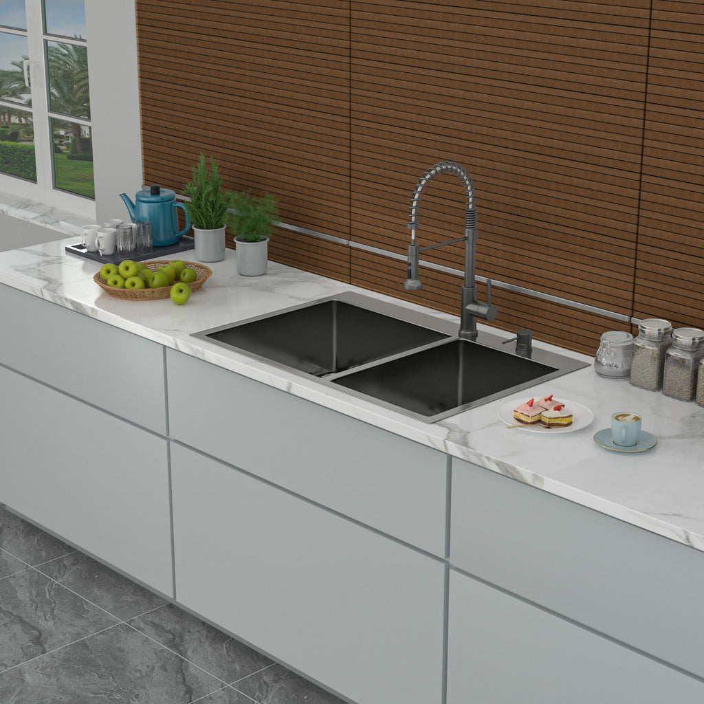 Double Bowl Kitchen Sink 16 Gauge with 2 10" Deep Basins - Gunmetal Black