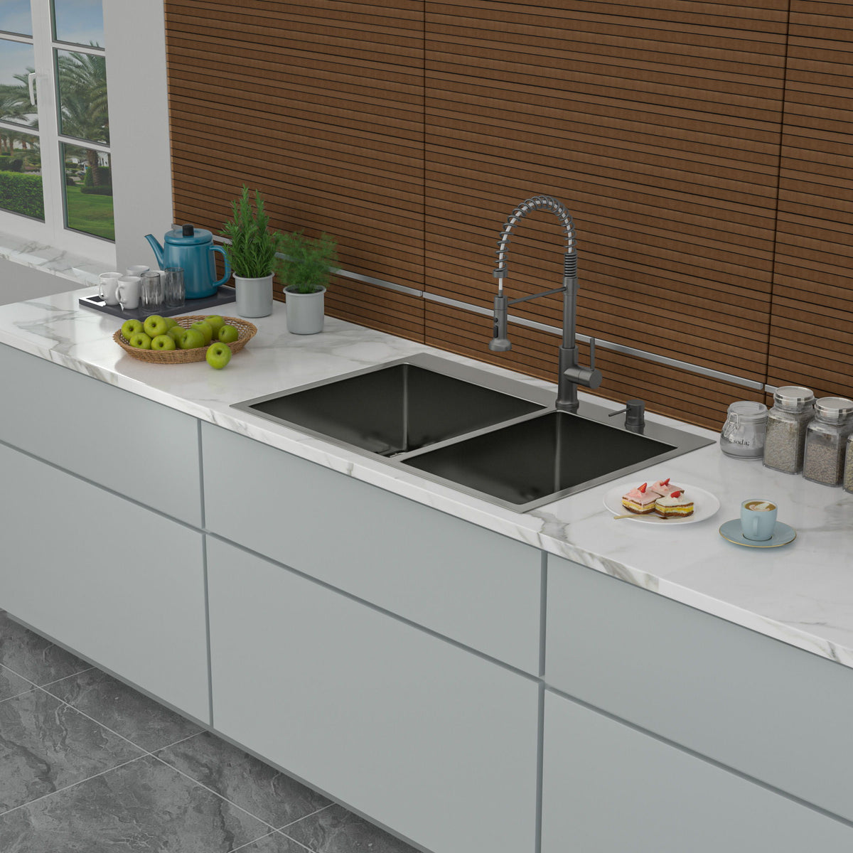 Double Bowl Kitchen Sink 16 Gauge with 2 10" Deep Basins - Gunmetal Black