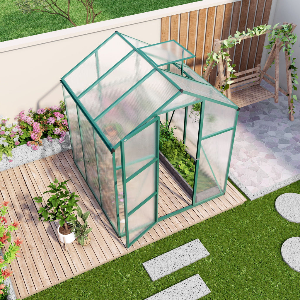 Polycarbonate Walk-In Greenhouse with Raised Base - Green
