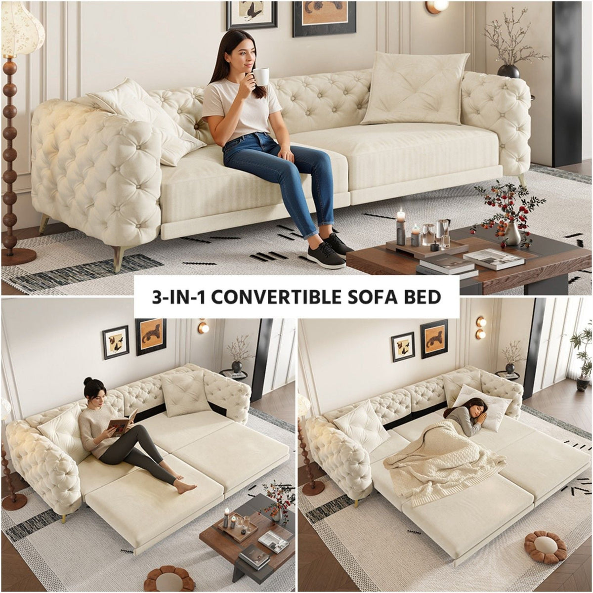 3-In-1 Convertible Sleeper Sofa Set with Deep Seat & Movable Ottoman - White, Beige, Gray