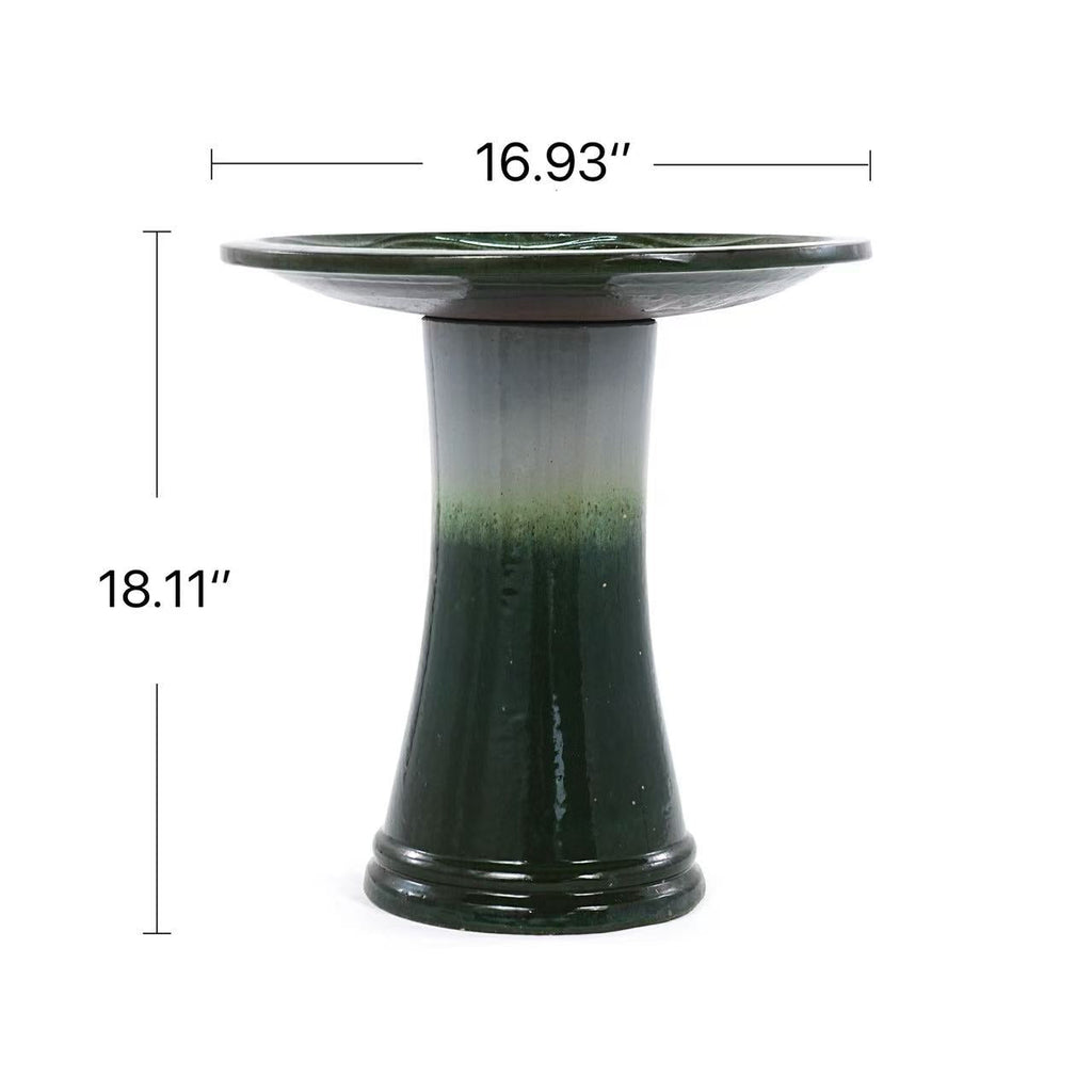 17" Ceramic Bird Bath with Swirl Pattern Pedestal - Grass Green