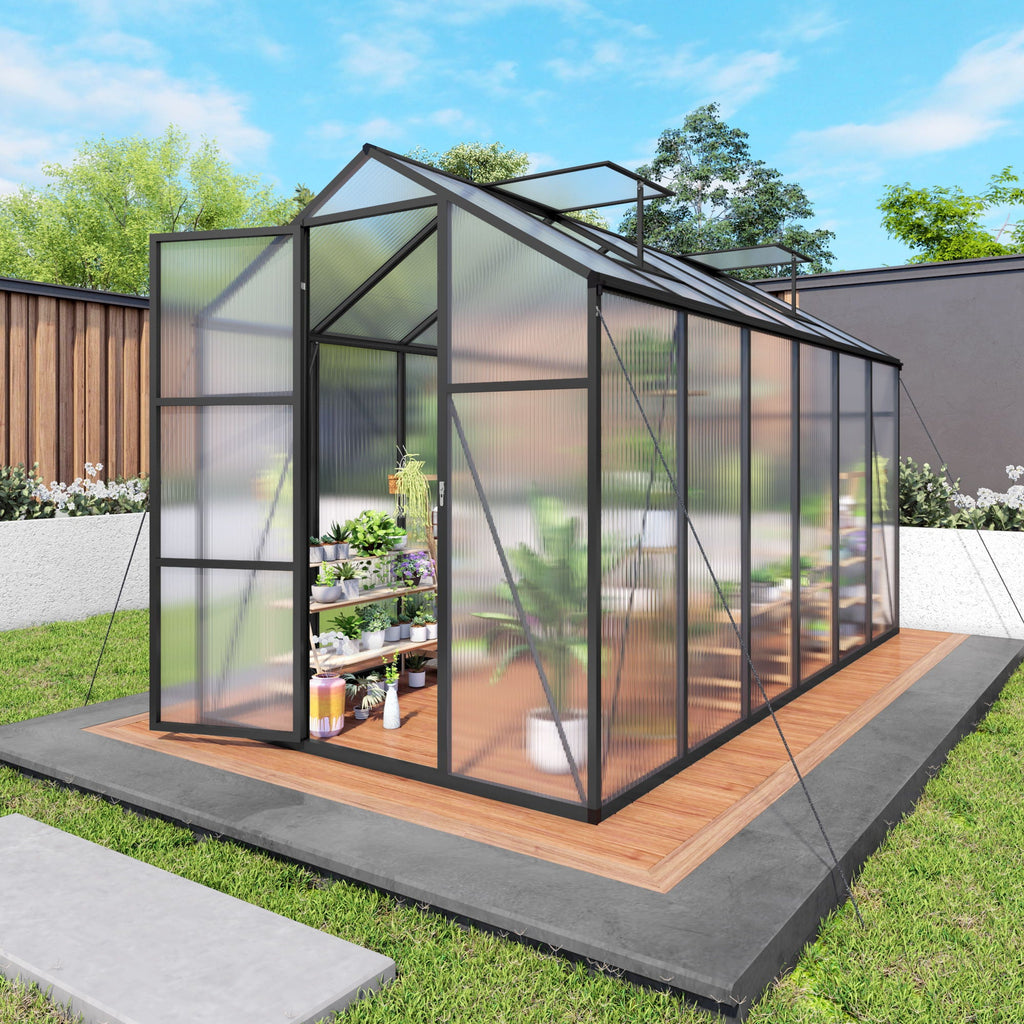 Windproof Greenhouse with Raised Base - Polycarbonate Panels - Black