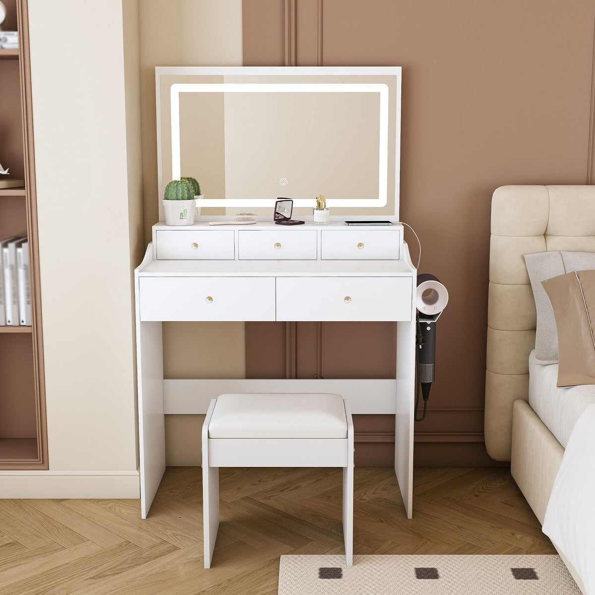 Modern Makeup Vanity Set with Power Outlet and Adjustable Lighting - Black or White