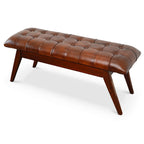 Cognac Genuine Leather Upholstered Bench with Solid Wood Frame - Dark Brown