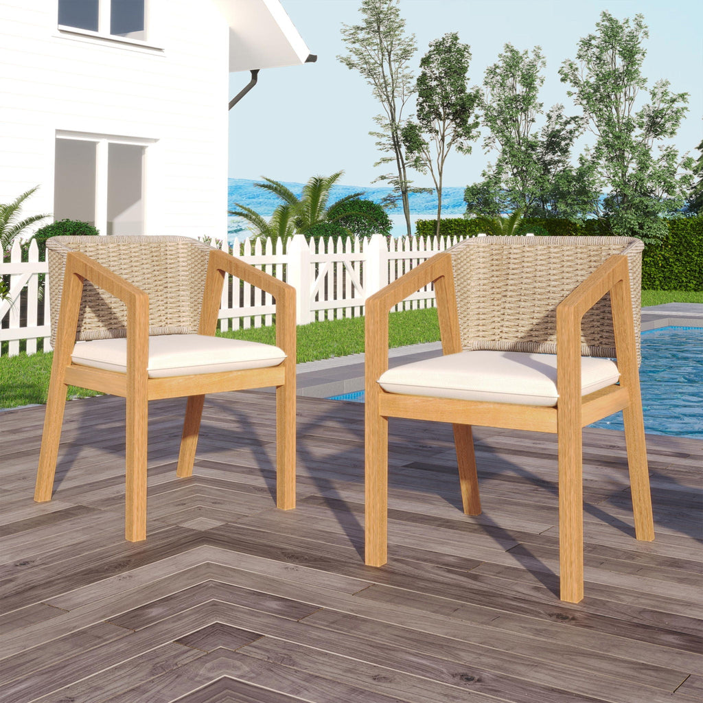 Light Teak Patio Dining Chair Set of 2 with Rope-Design Backrest - Outdoor