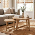 Round Nesting Coffee Tables Set of 2 with X-Cross Support - Natural Wood Finish