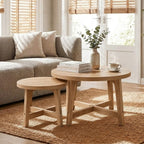 Round Nesting Coffee Tables Set of 2 with X-Cross Support - Natural Wood Finish