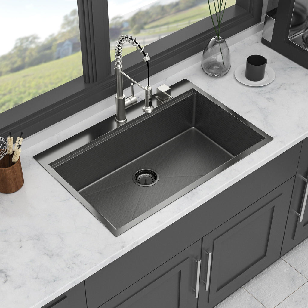 33" Drop In Kitchen Sink with Ledge Workstation - Gunmetal Black