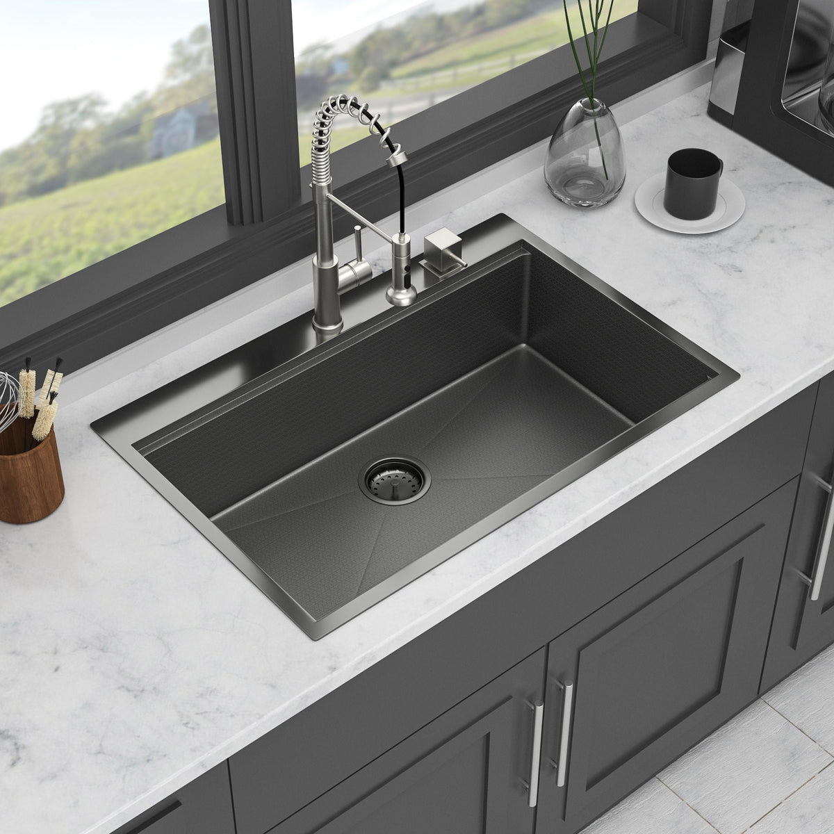 33" Drop In Kitchen Sink with Ledge Workstation - Gunmetal Black
