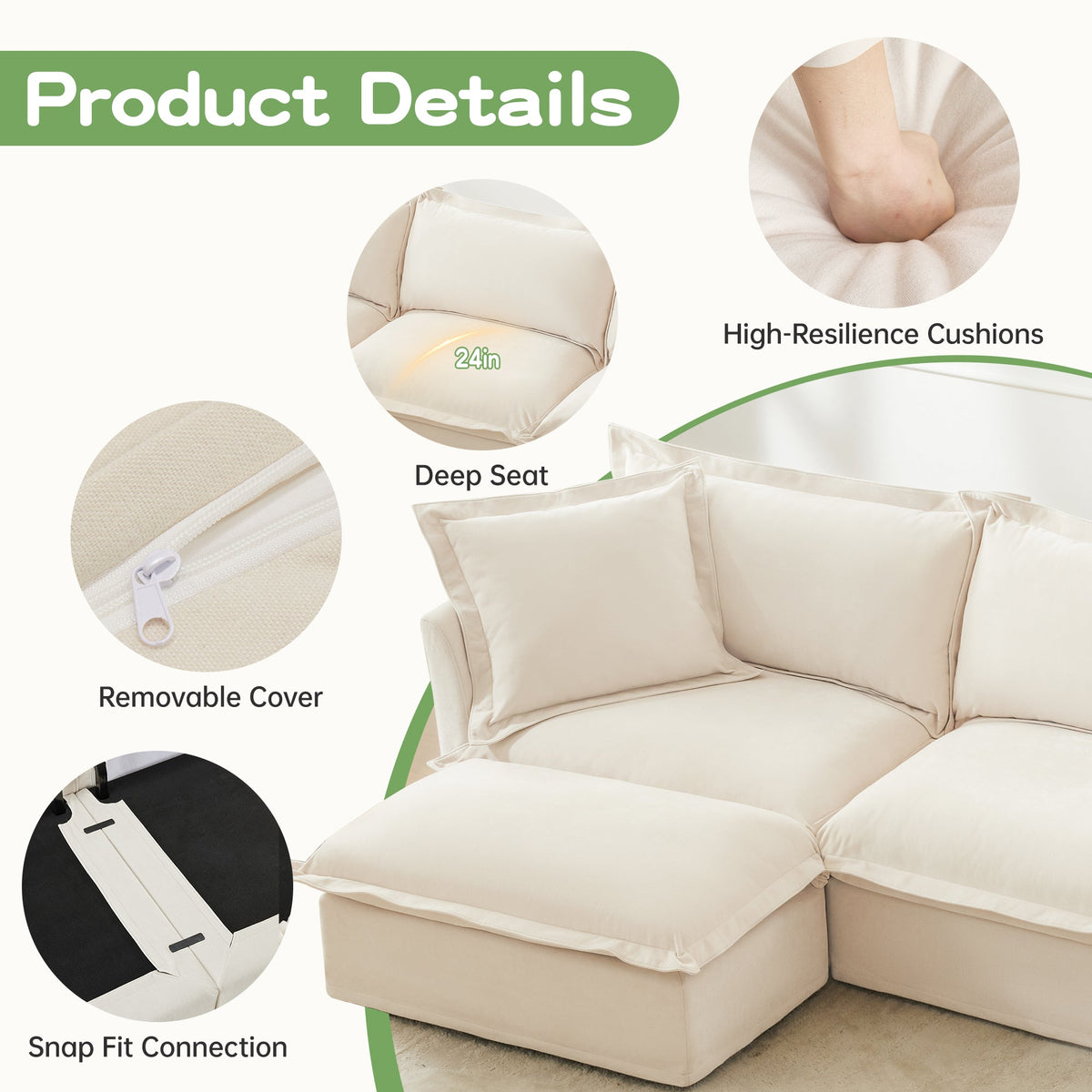 Oversized Chenille Living Room Sofa with 3 Ottomans and Removable Covers