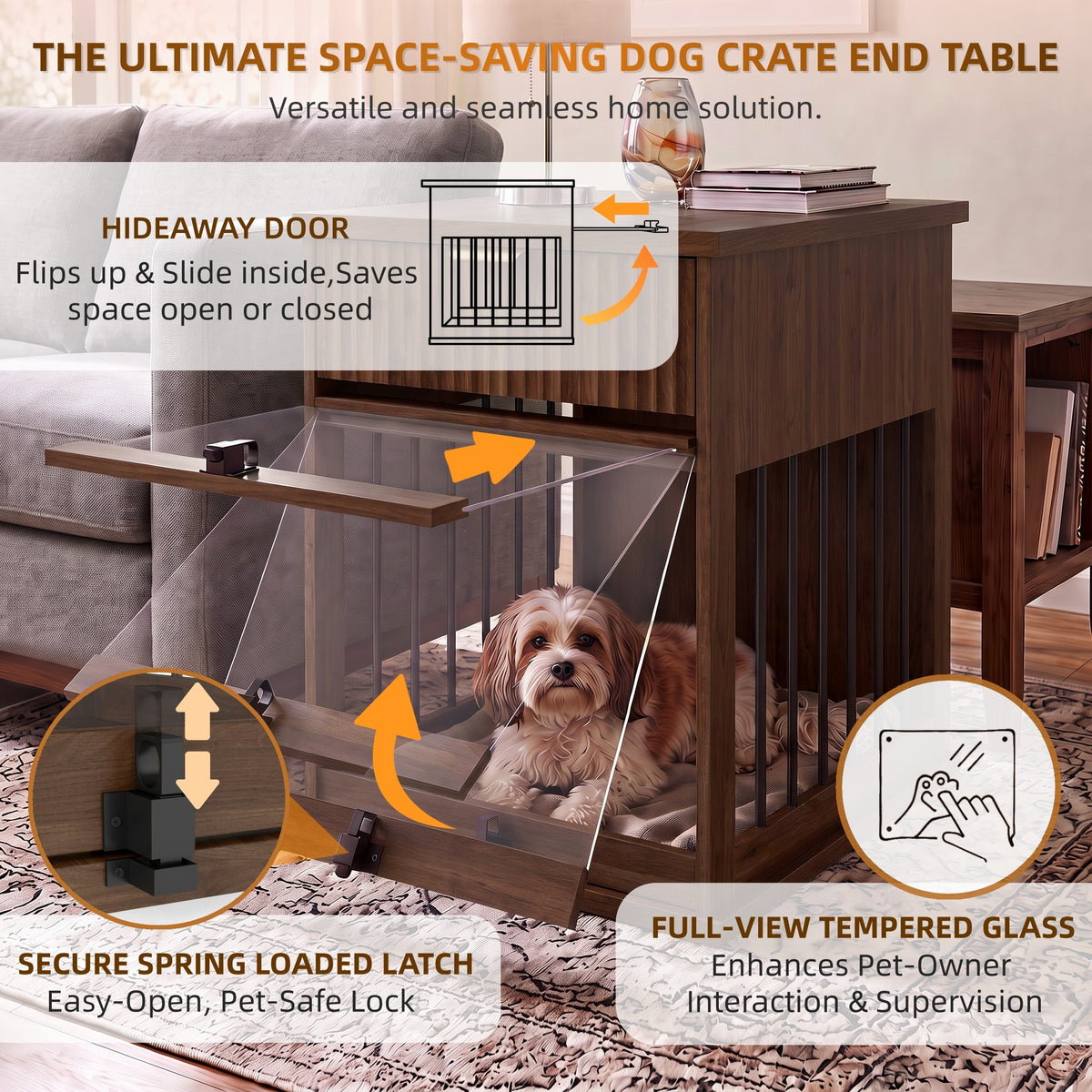 Dog Crate End Table with Charging Station and Storage - Oak/Tempered Glass