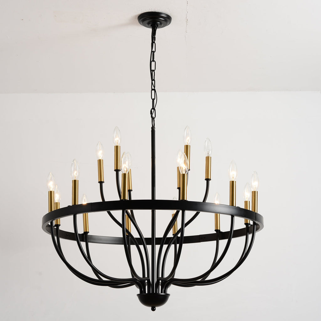 18-Light Industrial Iron Candle Chandelier with Adjustable Height - Gold & Black