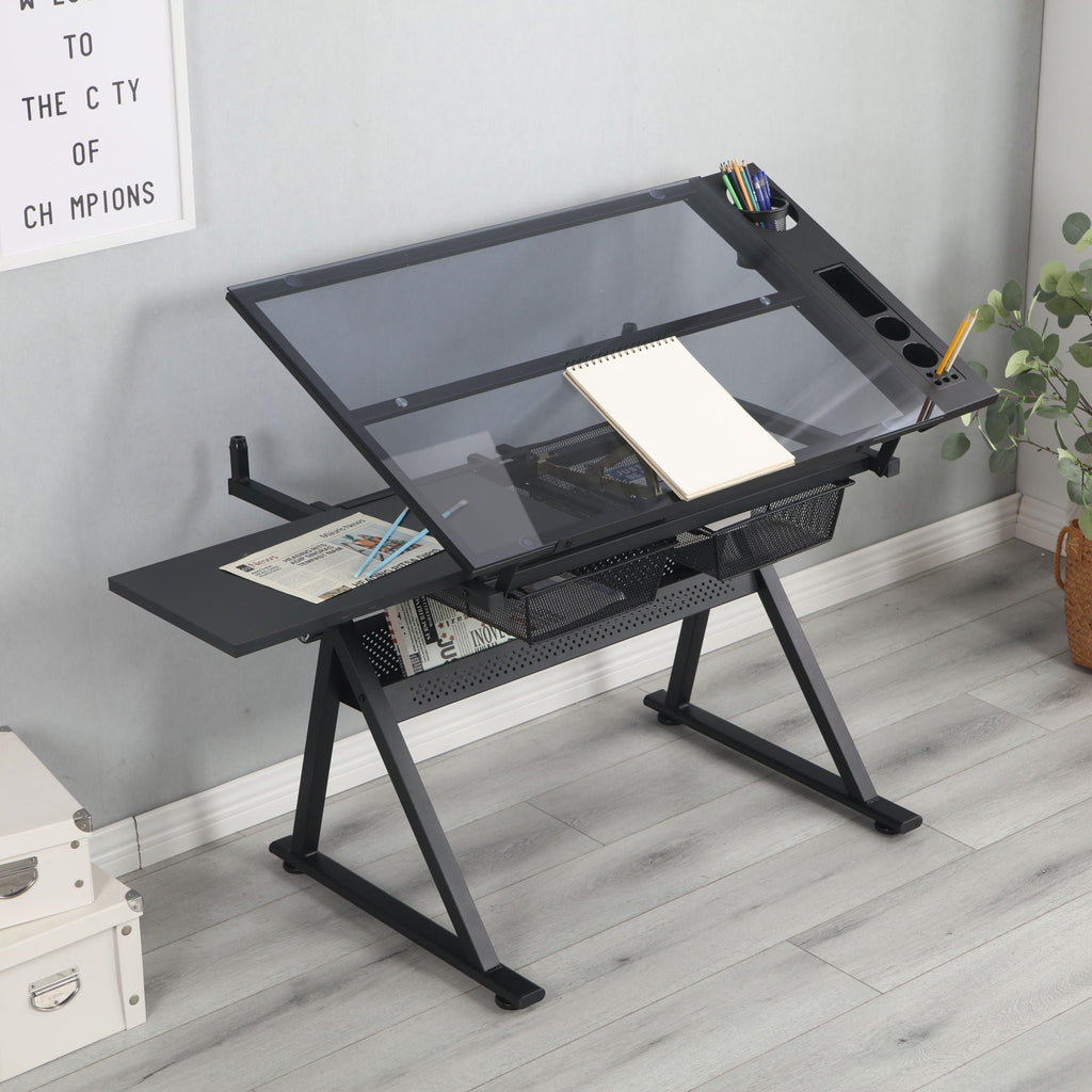 Adjustable Tempered Glass Drafting Printing Table with Chair - Black or White