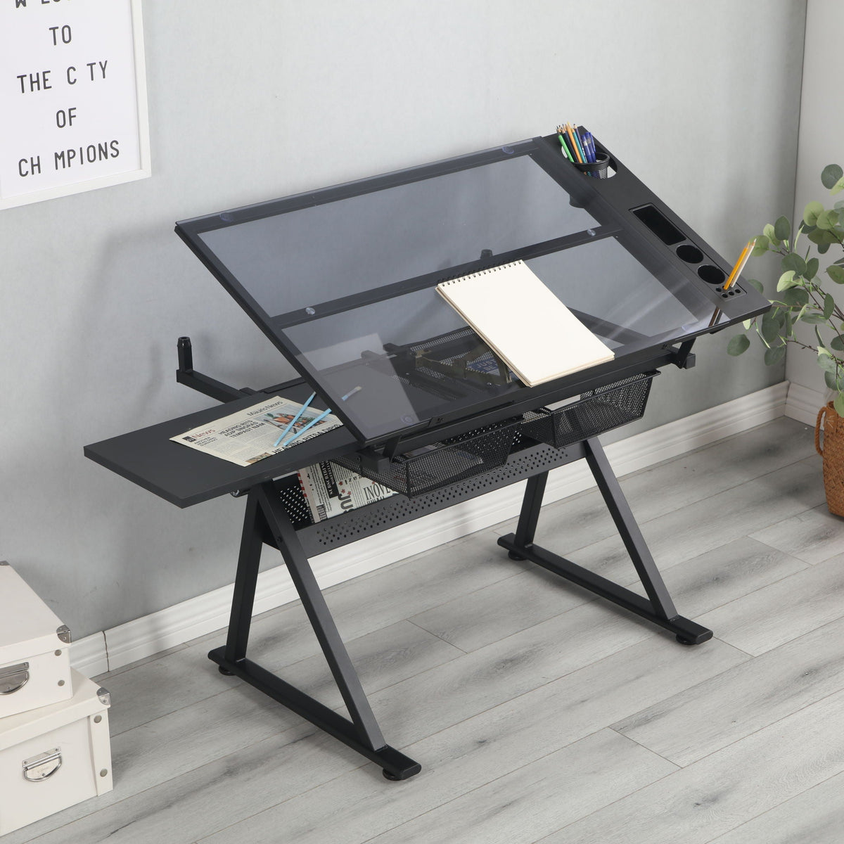 Adjustable Tempered Glass Drafting Printing Table with Chair - Black or White