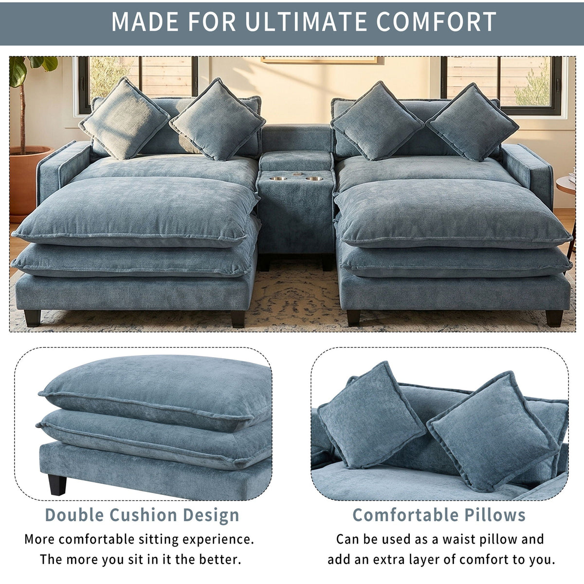 Modern Sectional Sofa with Removable Ottomans, USB Ports - Dark Gray or Light Blue