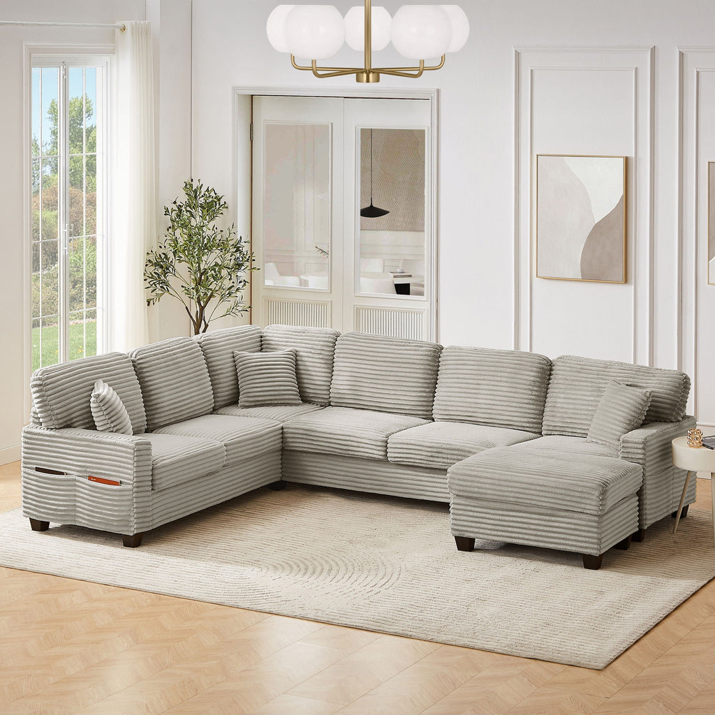 U-Shaped Upholstered Sectional Sofa with Movable Ottoman