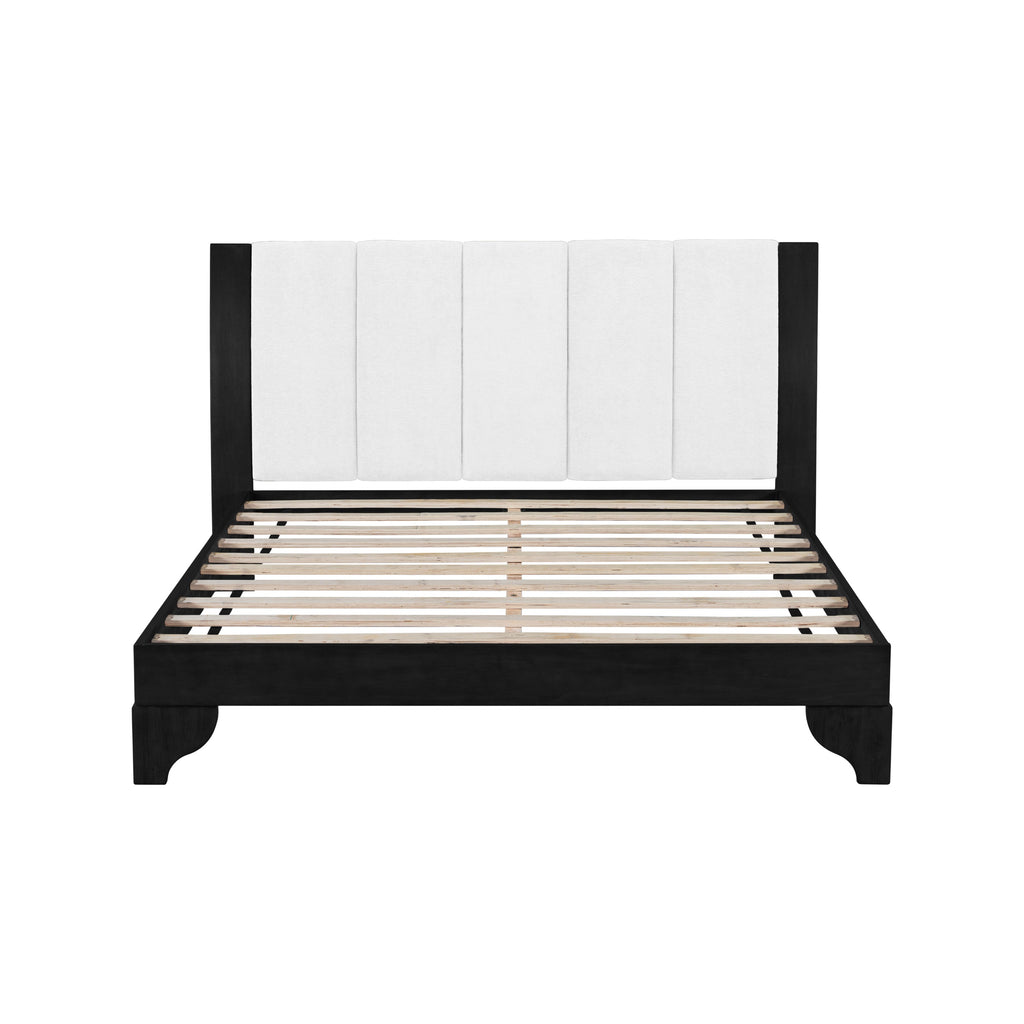 Queen Size Bed Frame with Upholstered Headboard - Black & White Pine