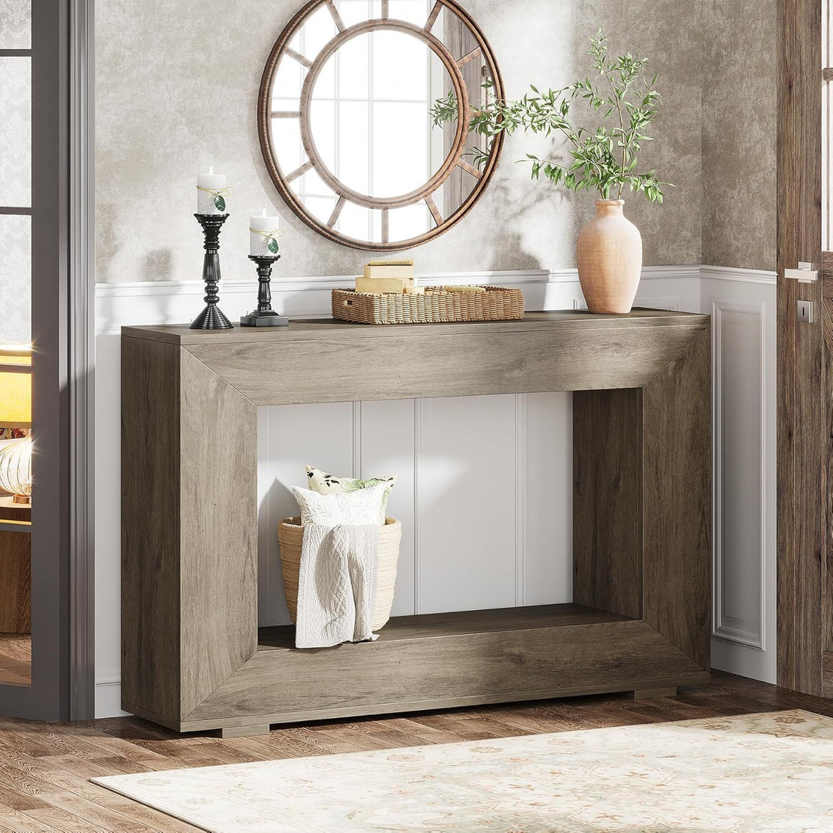 Narrow Entryway Storage Console Table with Open Shelf - Black, Dark Gray, Light Brown