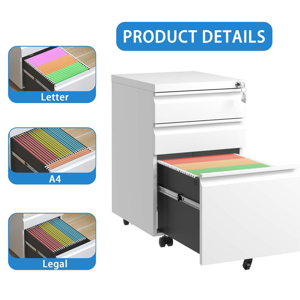 Metal Drawer Mobile File Cabinet with Lock for Secure Organization - White or Black