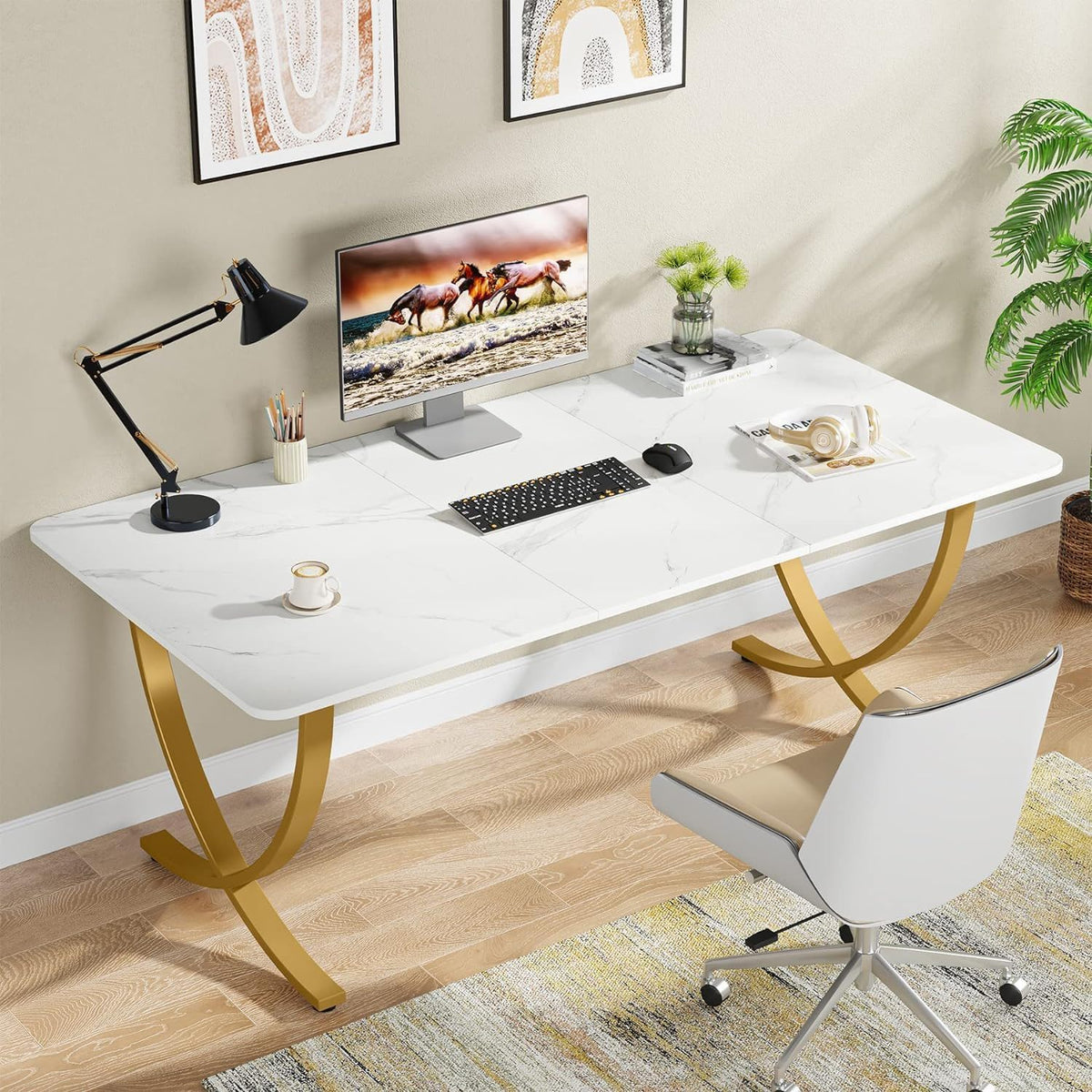 Executive Office Computer Desk with E0 Board - White / Gold