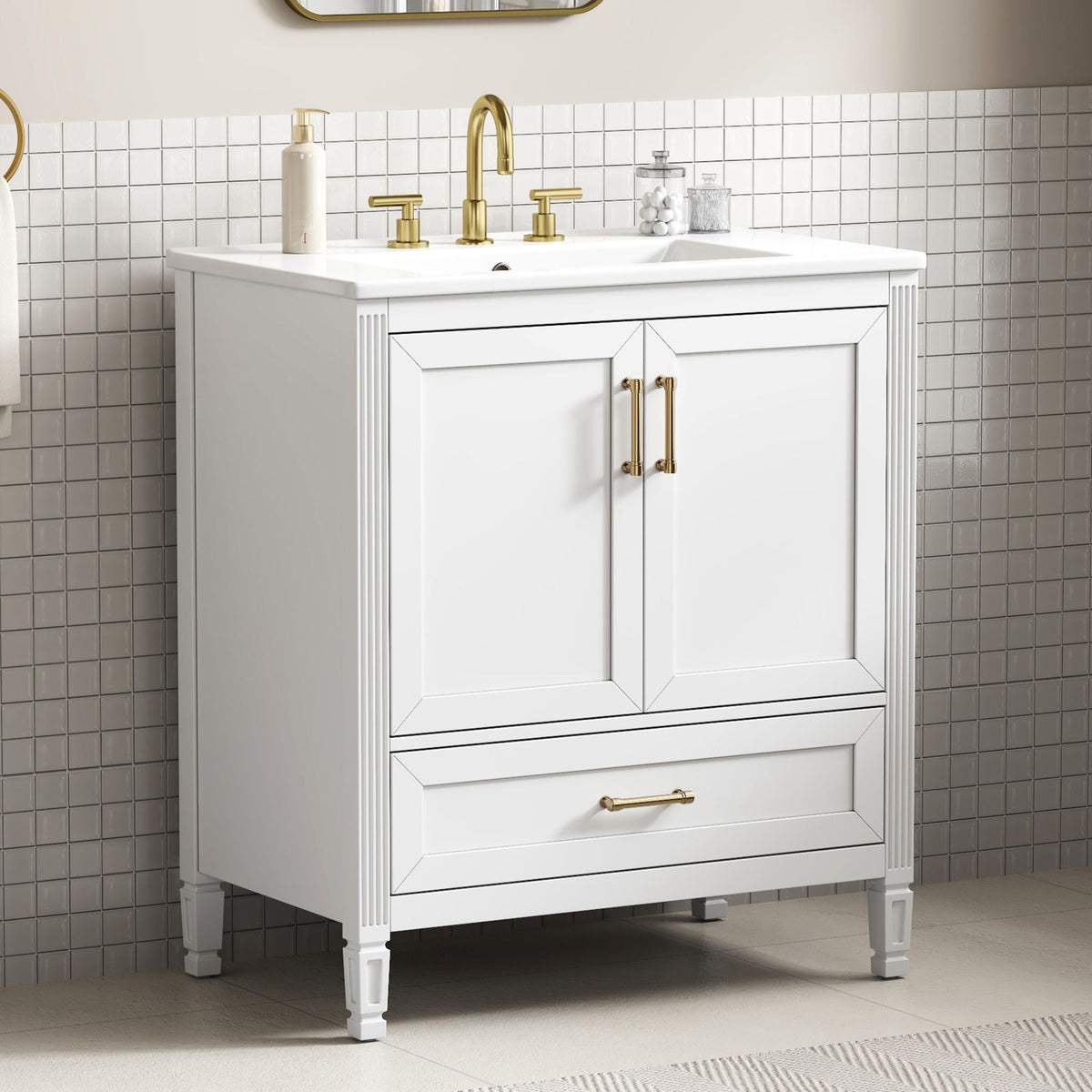 Elegant Fluted Bathroom Vanity with Sink and Soft Close Doors - Light Brown, Black, White