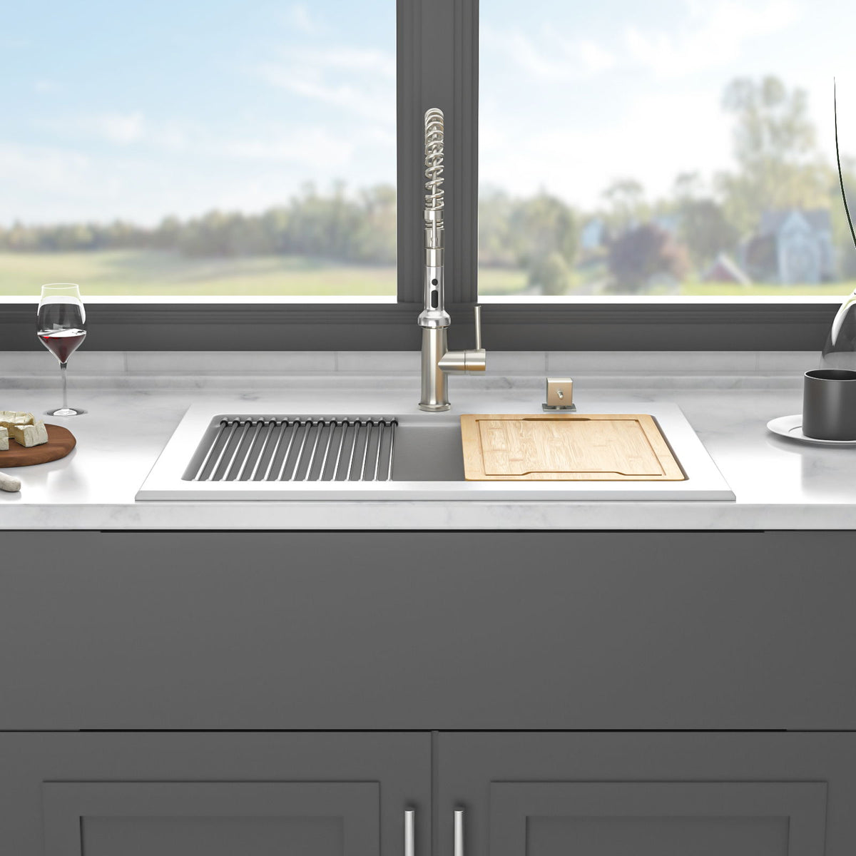 Quartz Kitchen Sink 30" x 22" Granite Composite Workstation Drop In - White