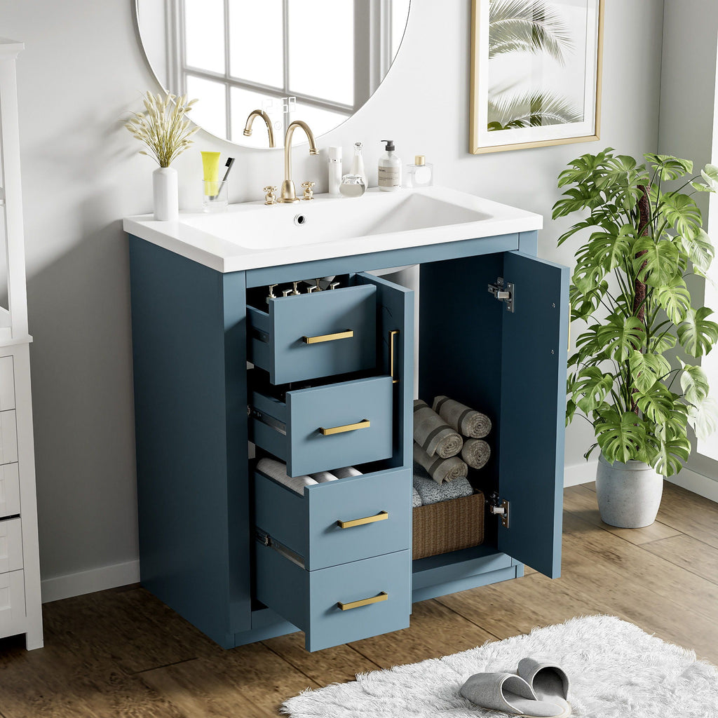 Ceramic Sink Vanity Combo with 3 Drawers and Soft Closing Doors - 30"