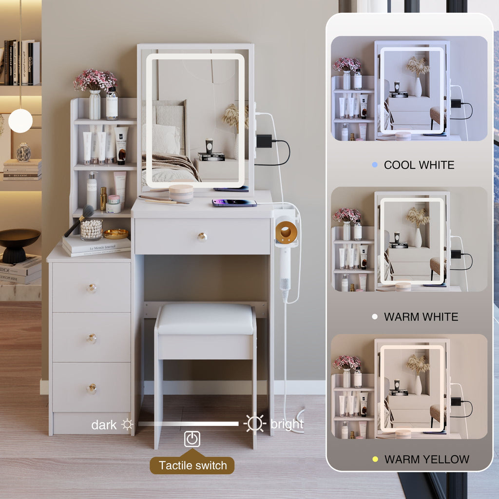 White Vanity Set with USB Power Station and Cushioned Stool