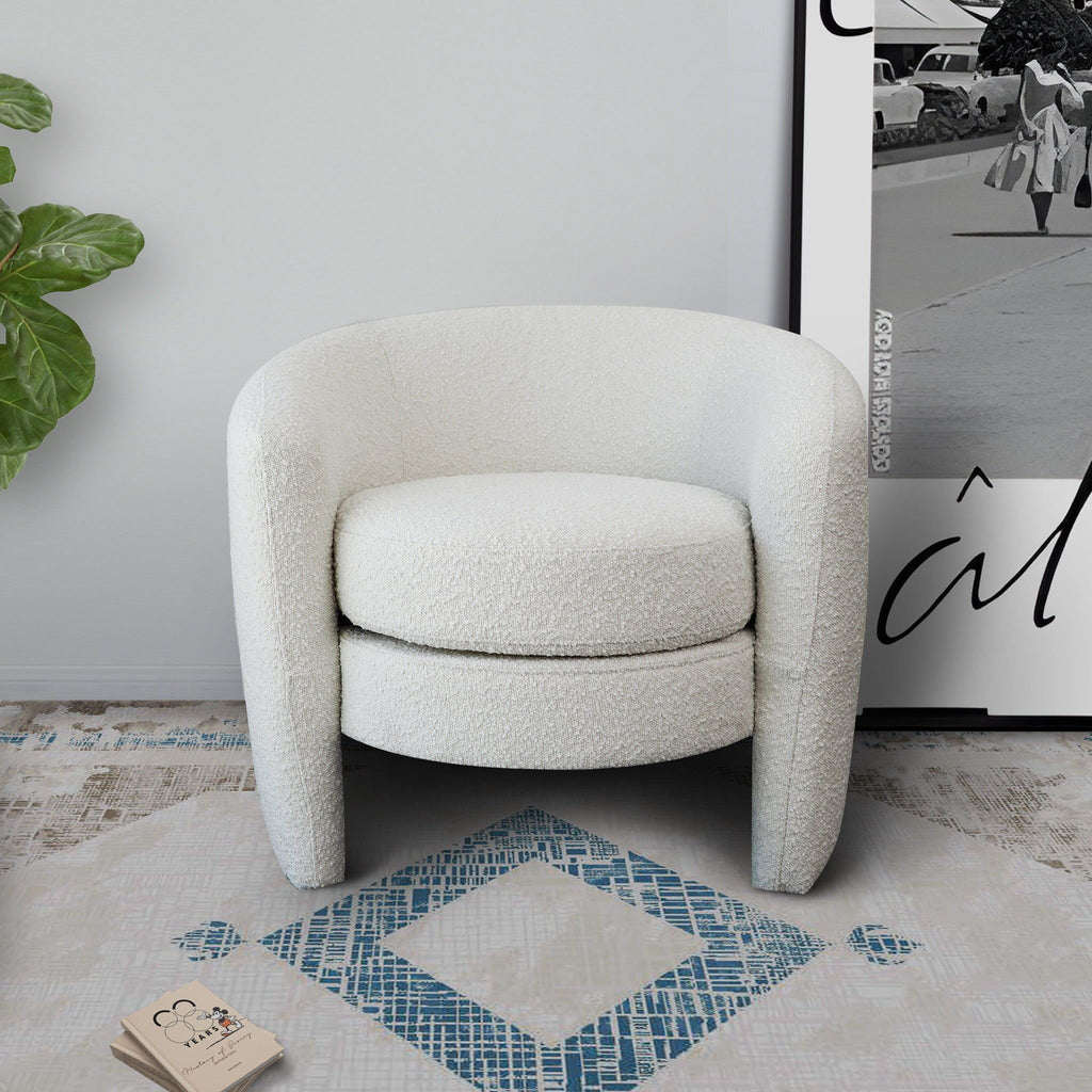 White Lounge Chair with Boucle Upholstery - Fully Padded Back