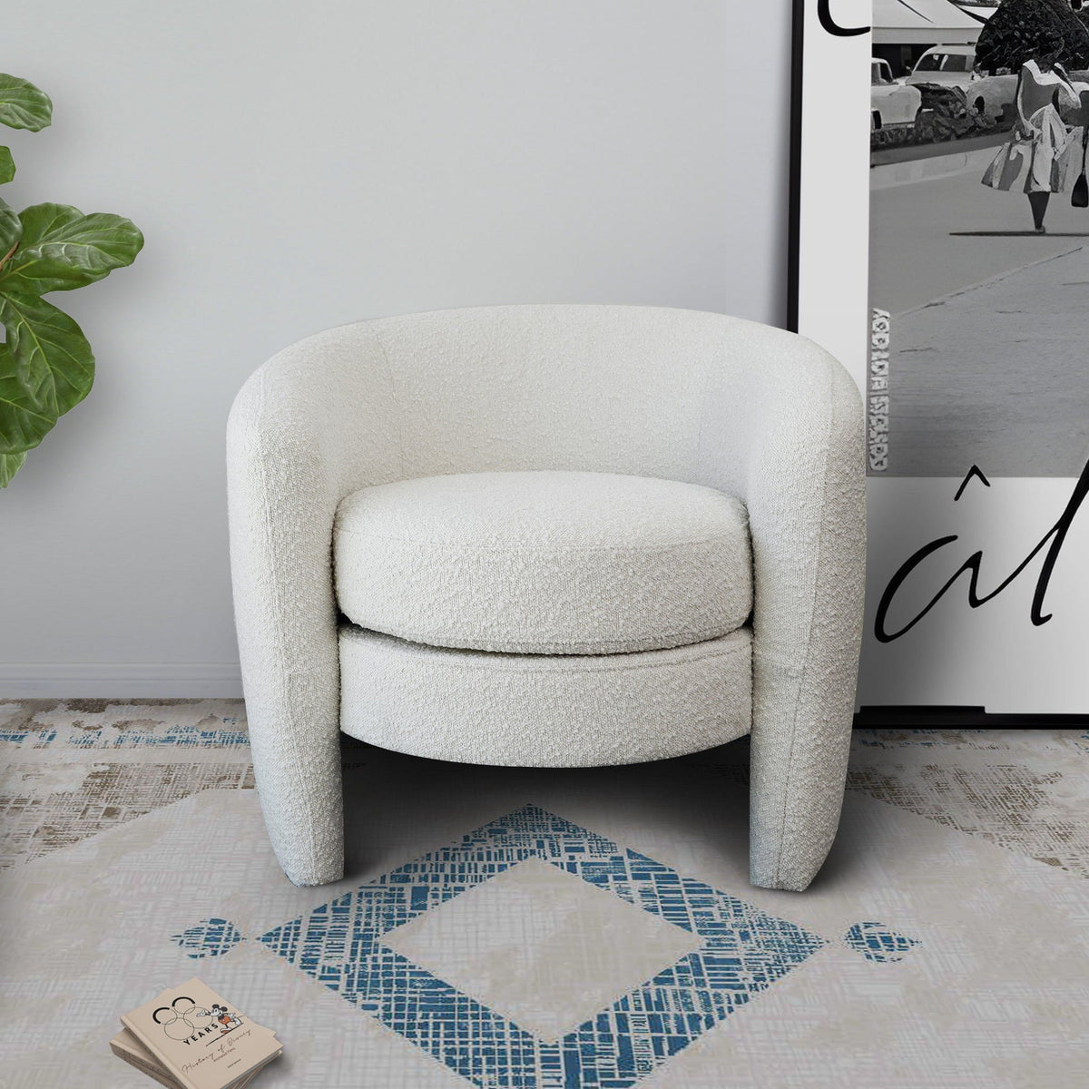 White Lounge Chair with Boucle Upholstery - Fully Padded Back