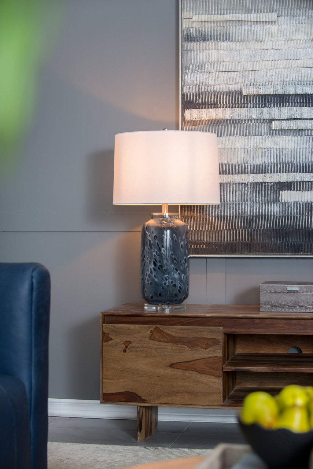 Ellis Glass Table Lamp with Blue Base and Linen Shade