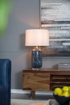 Ellis Glass Table Lamp with Blue Base and Linen Shade