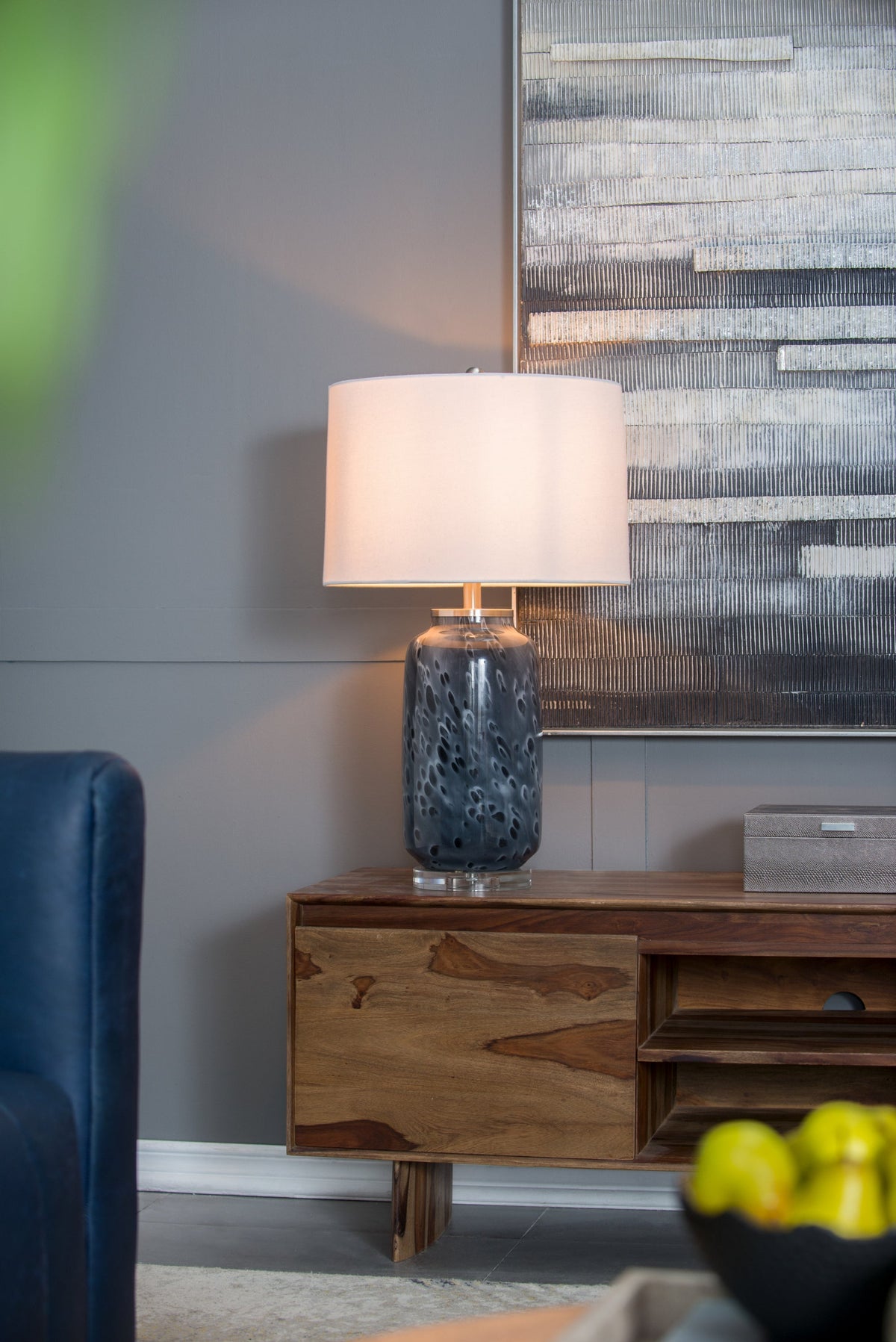 Ellis Glass Table Lamp with Blue Base and Linen Shade