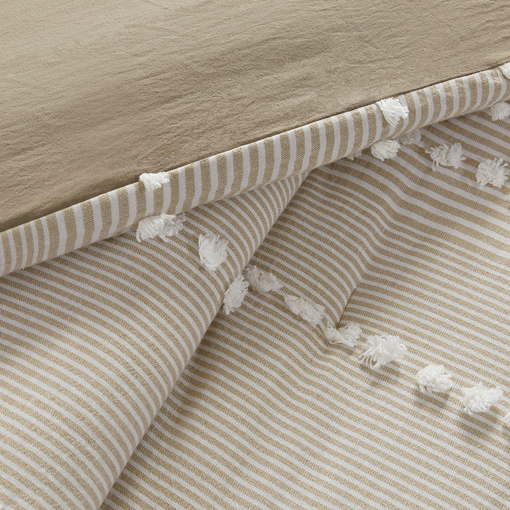 Full/Queen 3 Piece Cotton Yarn Dyed Comforter Set with Tufted Embroidery - Taupe