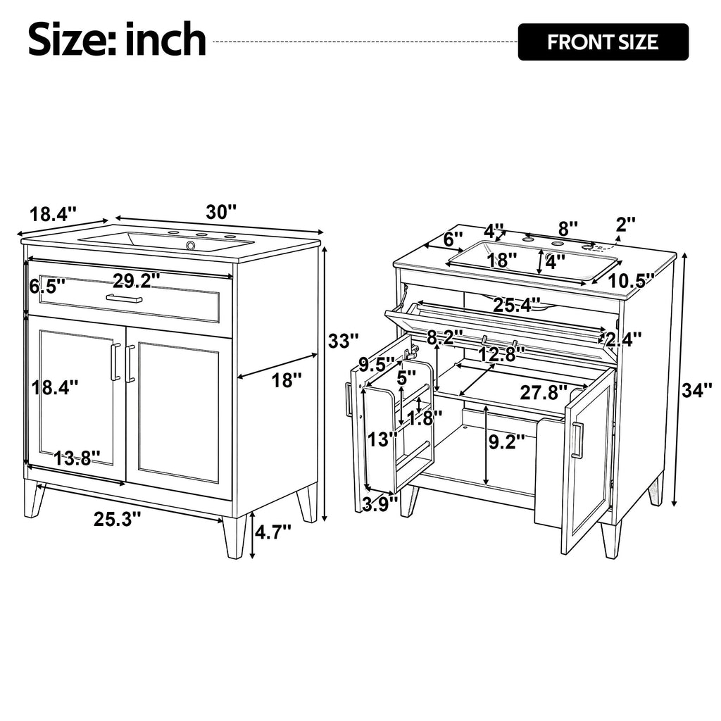 30" Bathroom Vanity with Ceramic Sink Top and Solid Wood Legs - Beige or Wood