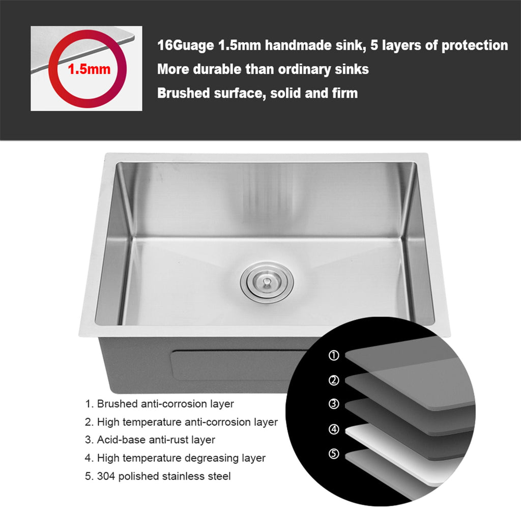 Modern Undermount Stainless Steel Kitchen Sink 16 Gauge, Deep Single Bowl - Gray