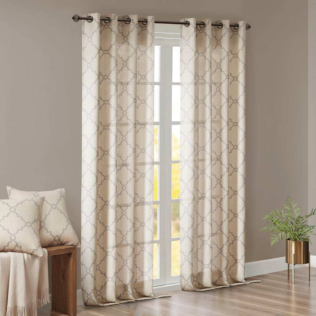 Fretwork Print Grommet Top Window Curtain Panel with Sunlight Filtering - Beige/Grey
