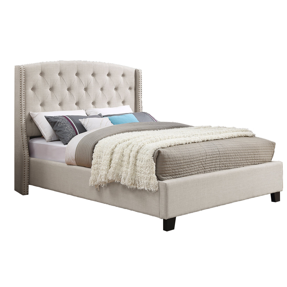 3-Piece Upholstered Bedroom Set with Tufted Wingback Bed - Beige