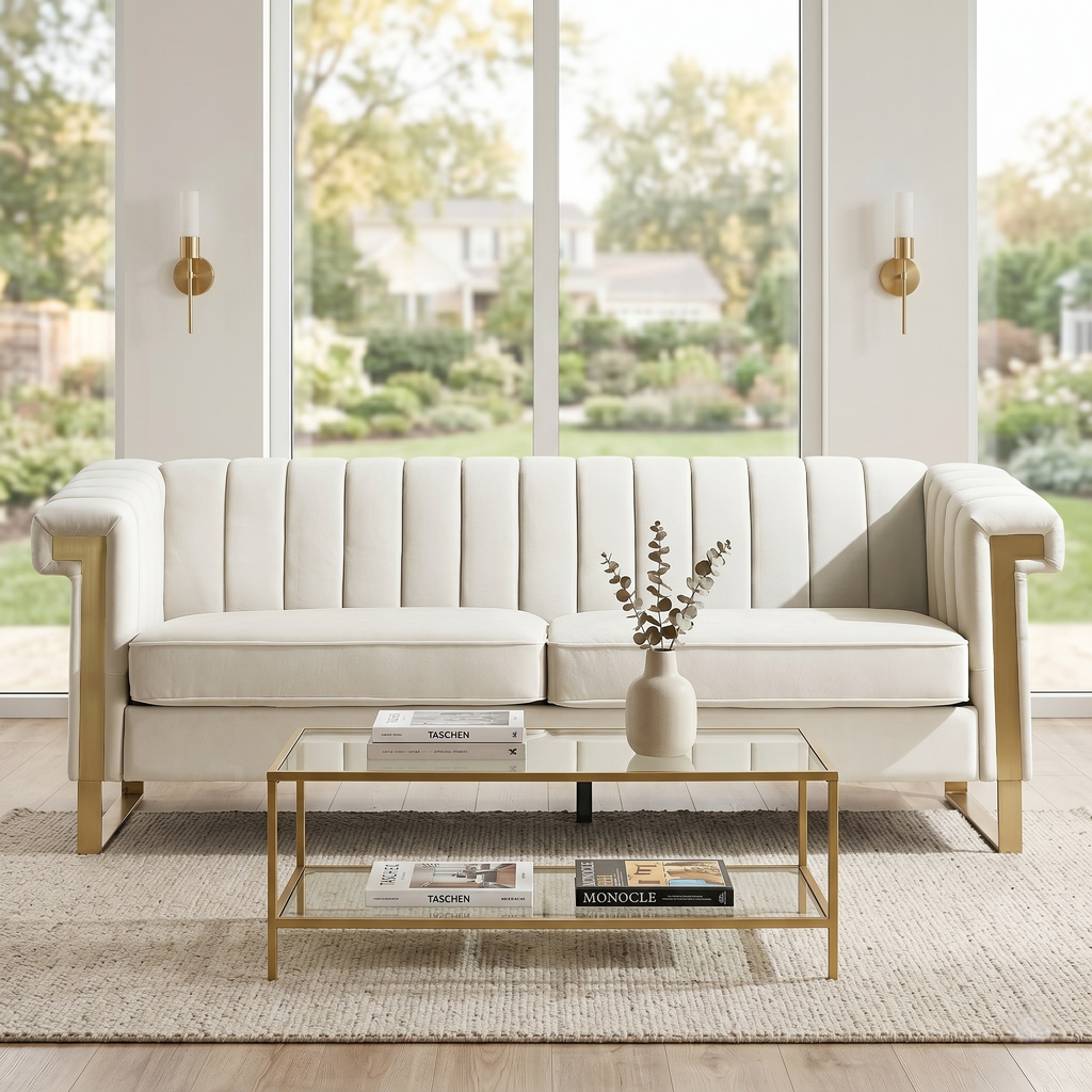 Modern Velvet Sofa with Gold Accents - Chesterfield Design - Black Velvet