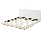 Solid Rubber Wood Platform Bed with Upholstered Headboard - White