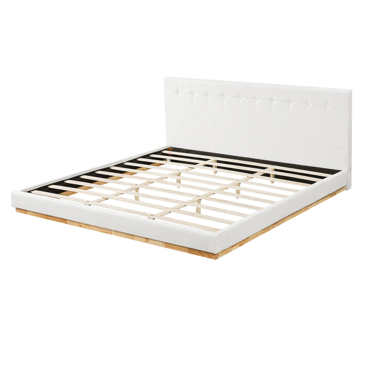 Solid Rubber Wood Platform Bed with Upholstered Headboard - White