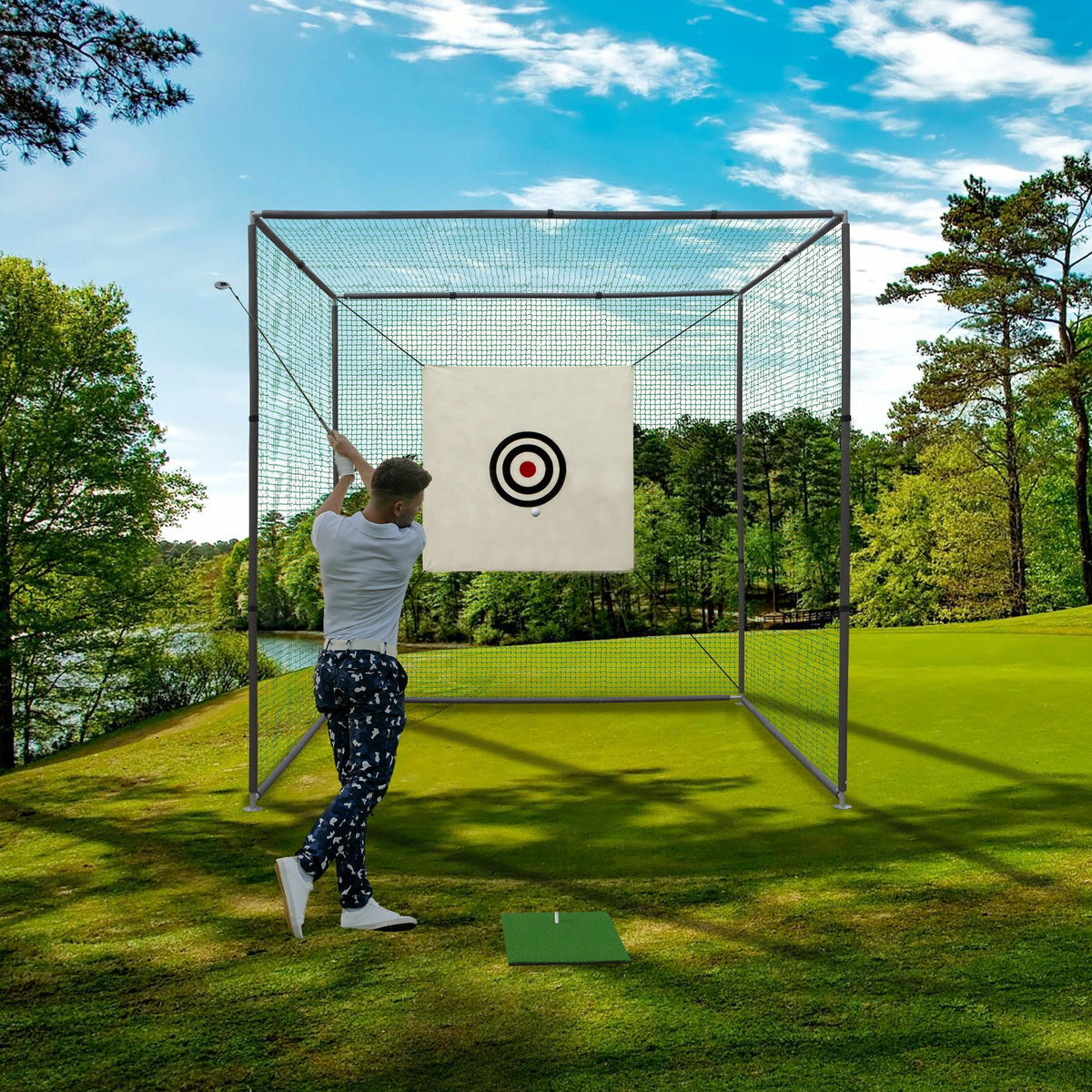 Golf Practice Net Cage with Metal Frame Hitting Net Kit - Black