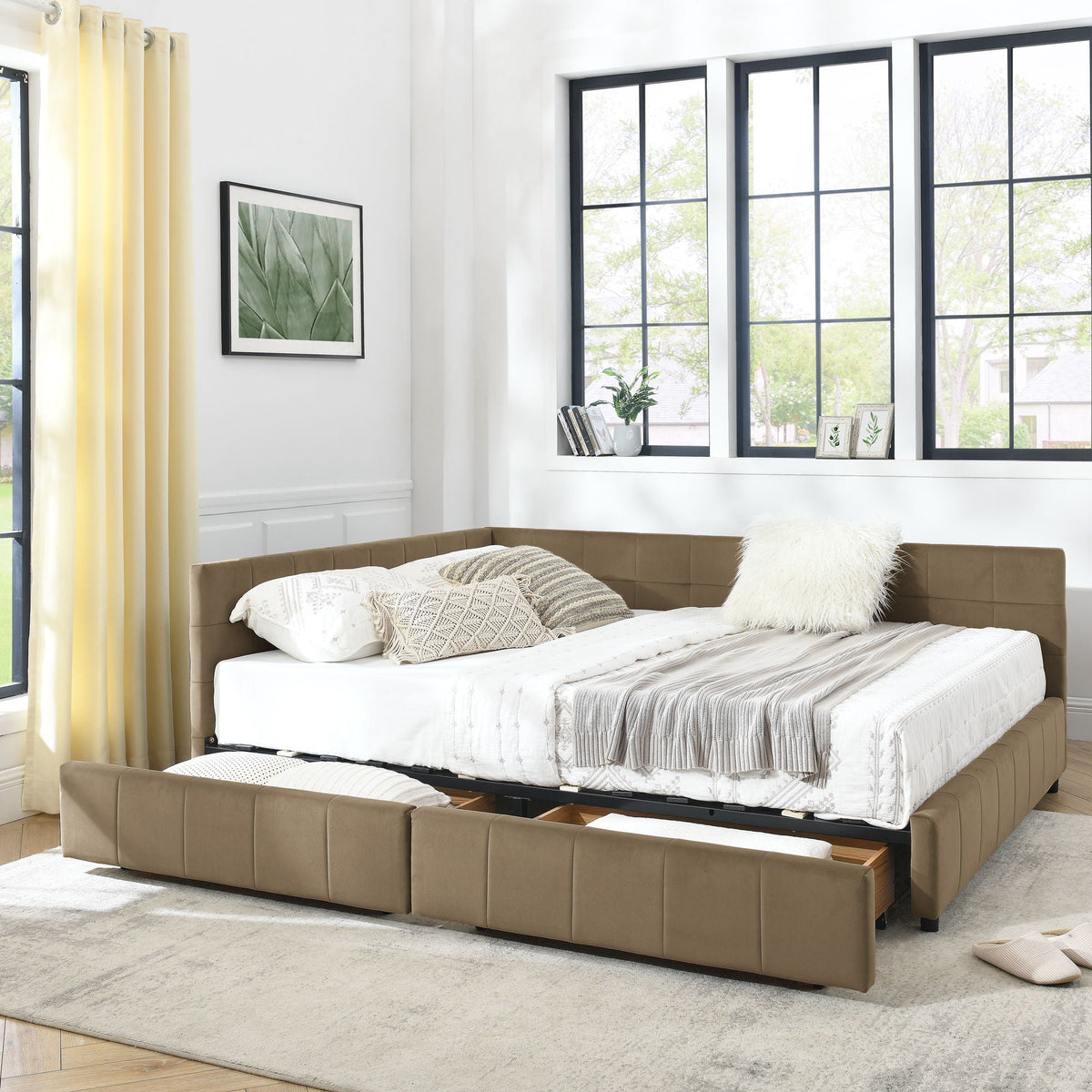 Mid-Century Storage Upholstered Tufted Bed Frame with Backrest and Armrests - Multiple Colors