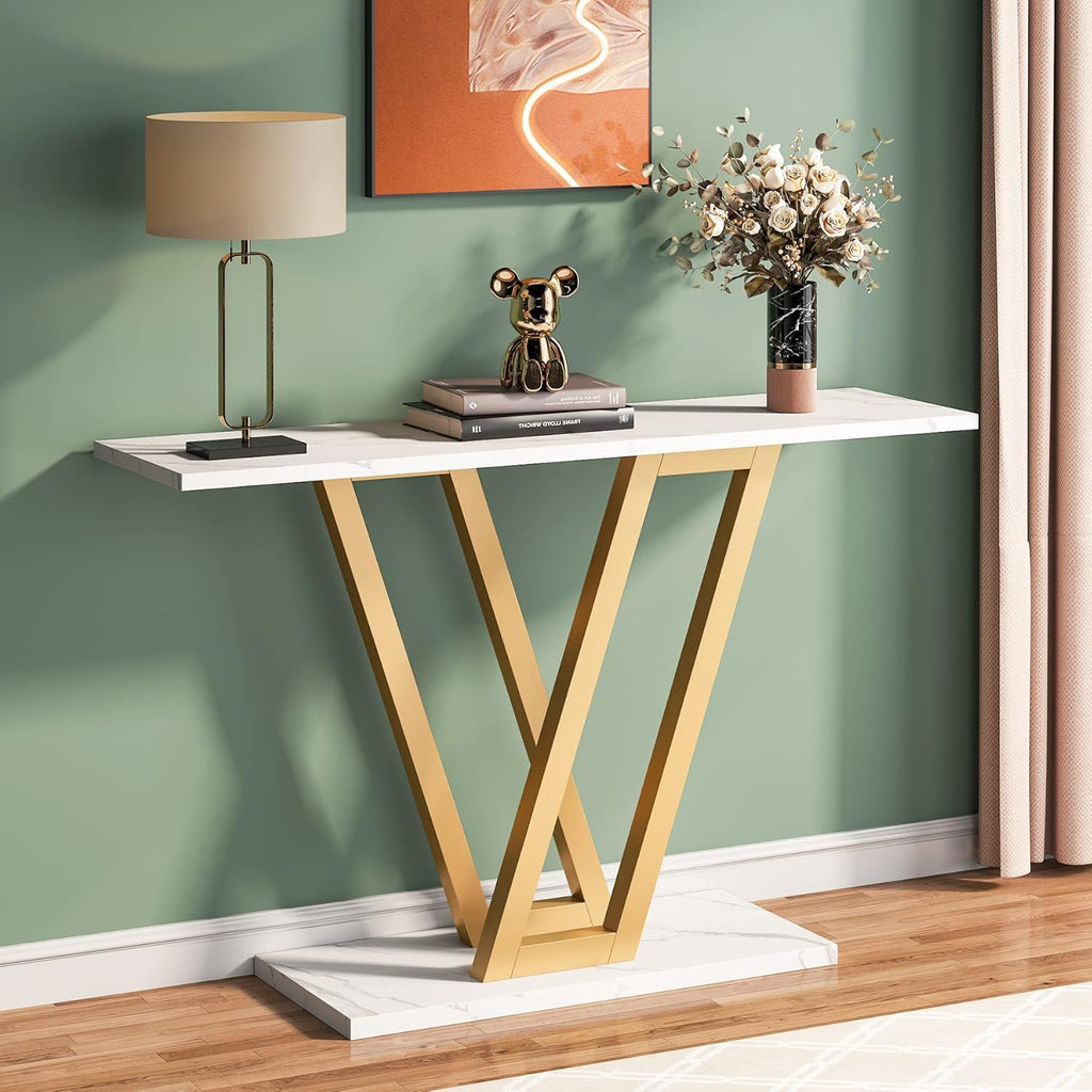 White Console Table with V Leg Frame - Gold