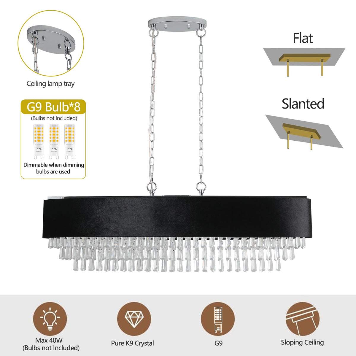 39" Modern Crystal Chandelier with Black Velvet Shade